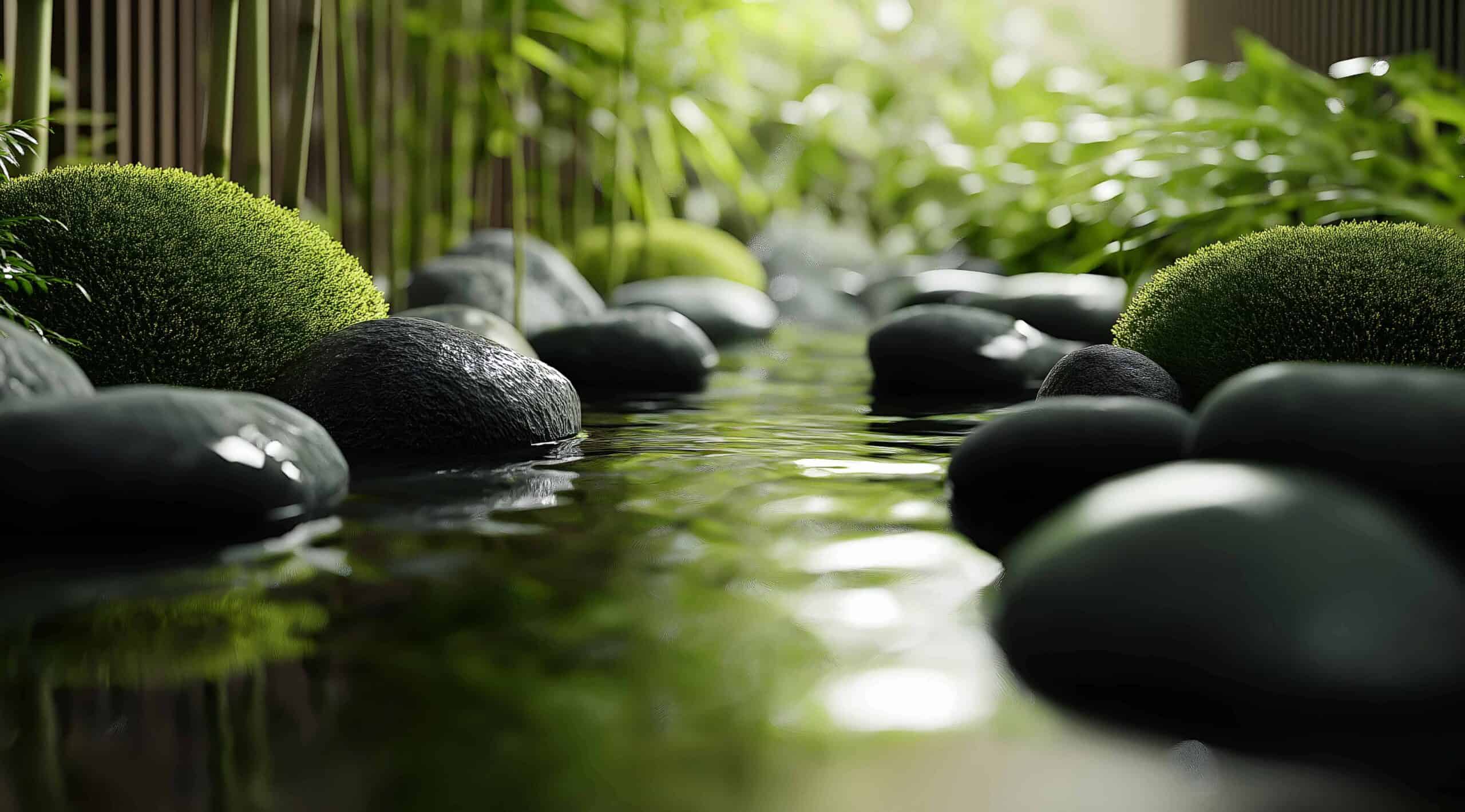 Water flowing over stones to show the ease of muscle movement