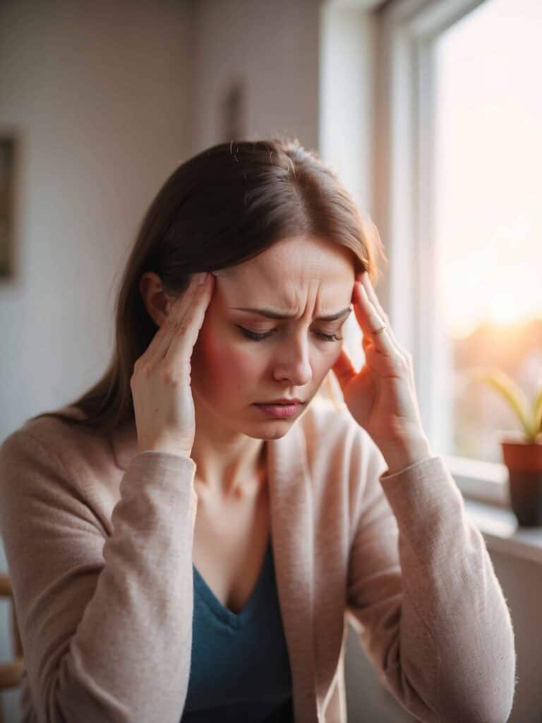 Woman with headache holding temples, indoor setting, sunlight through window.