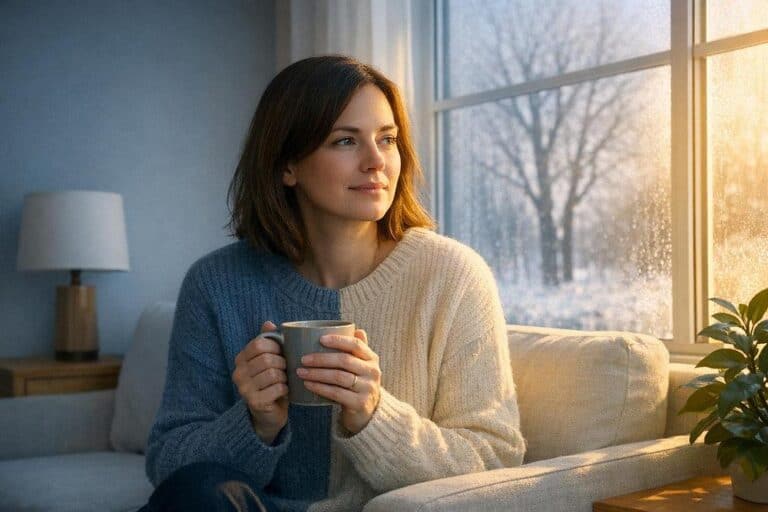 Woman drinking a coffee in deep thought